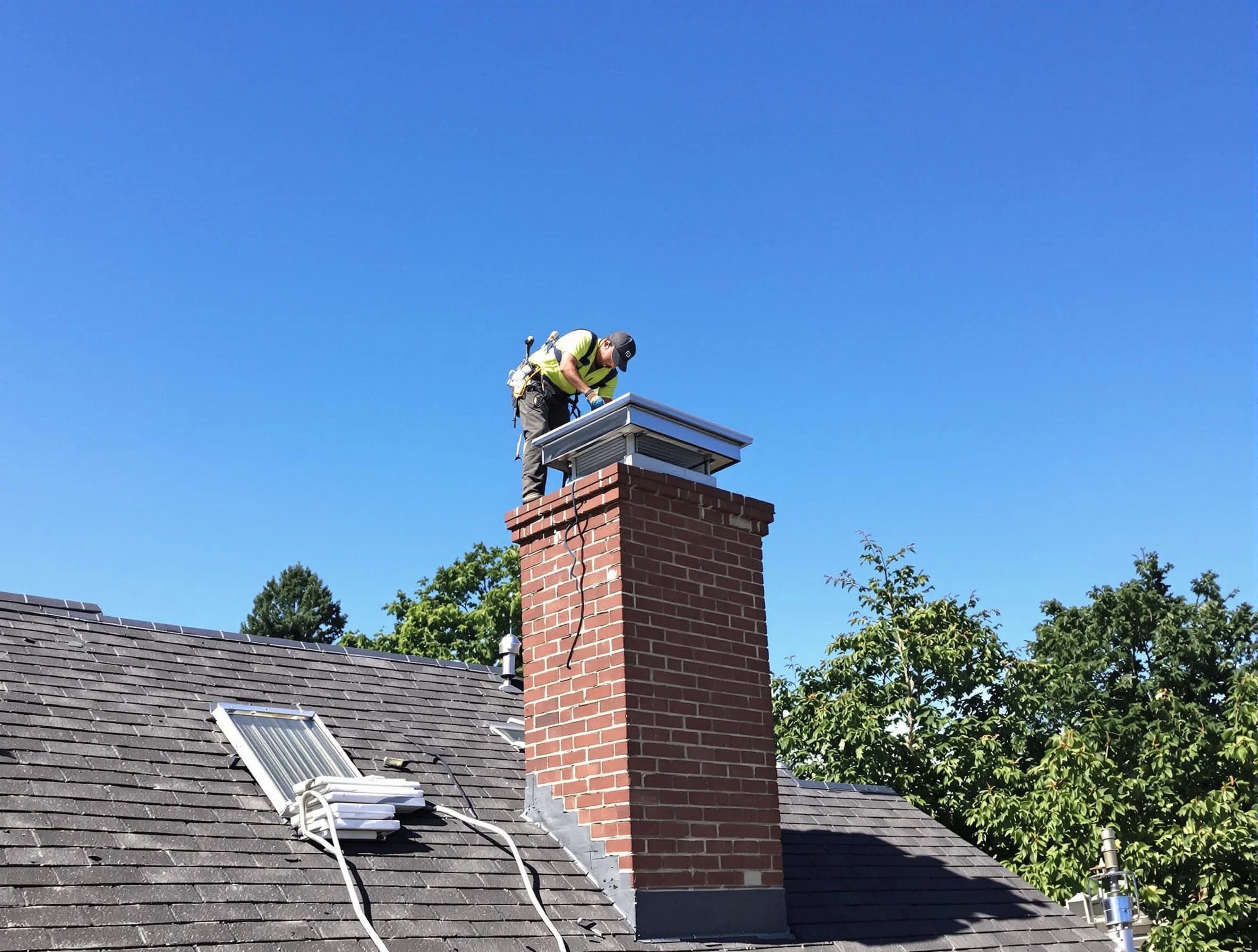 Glenshaw Chimney Sweep technician measuring a chimney cap in Glenshaw, PA